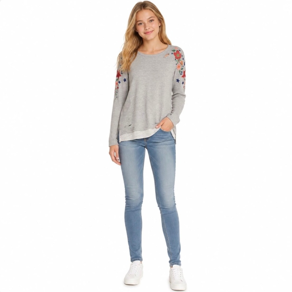 Hudson Kids Big Girls Grey Distressed Floral Embroidered Sweatshirt Size XL